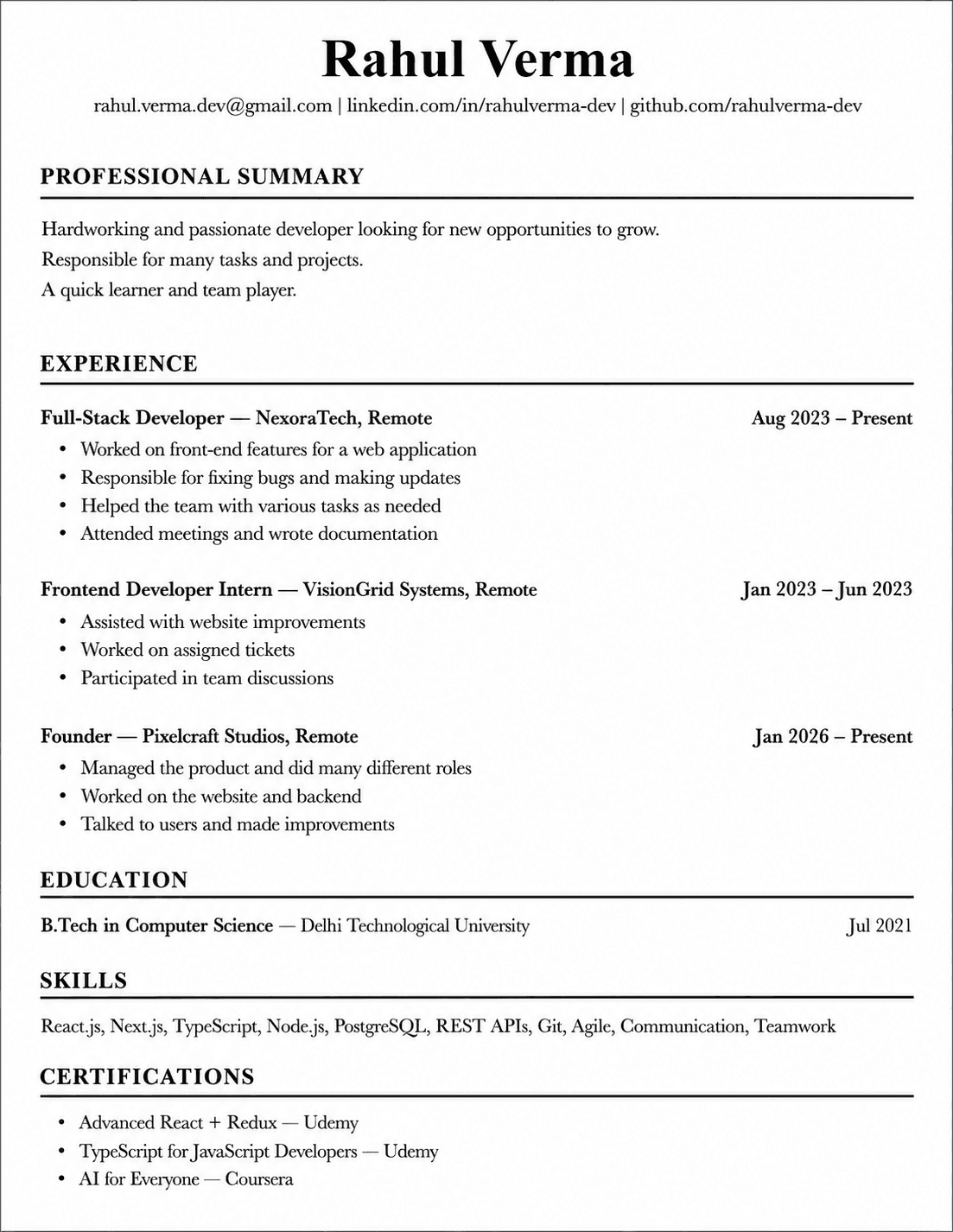 Generic, unoptimized resume with vague bullet points